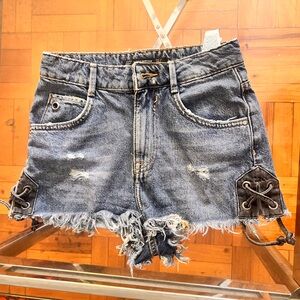 Zara Distressed Cut Off Jean Shorts with Ties On Sides Size 0 High Rise